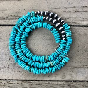 SOLDLong Bright Blue Turquoise & Desert Pearl Necklace